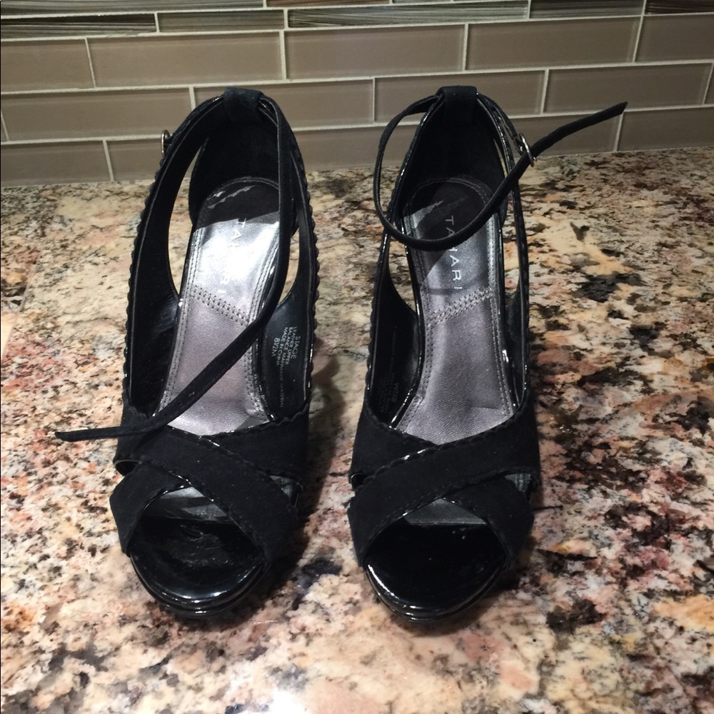 Tahari Open Toe Black Patent and Suede Heels